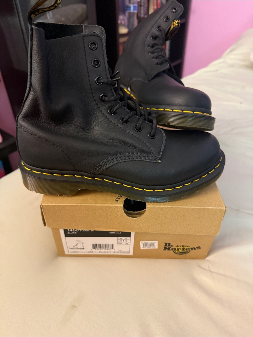 Dr. Martens Black Leather 8-Eye Boots with Yellow Stitching